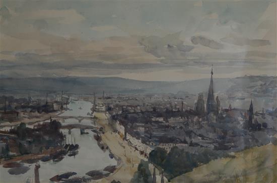 F.H.G. Panoramic view of a continental city, watercolour, body/c & pencil, initialled, 22 x 34cm